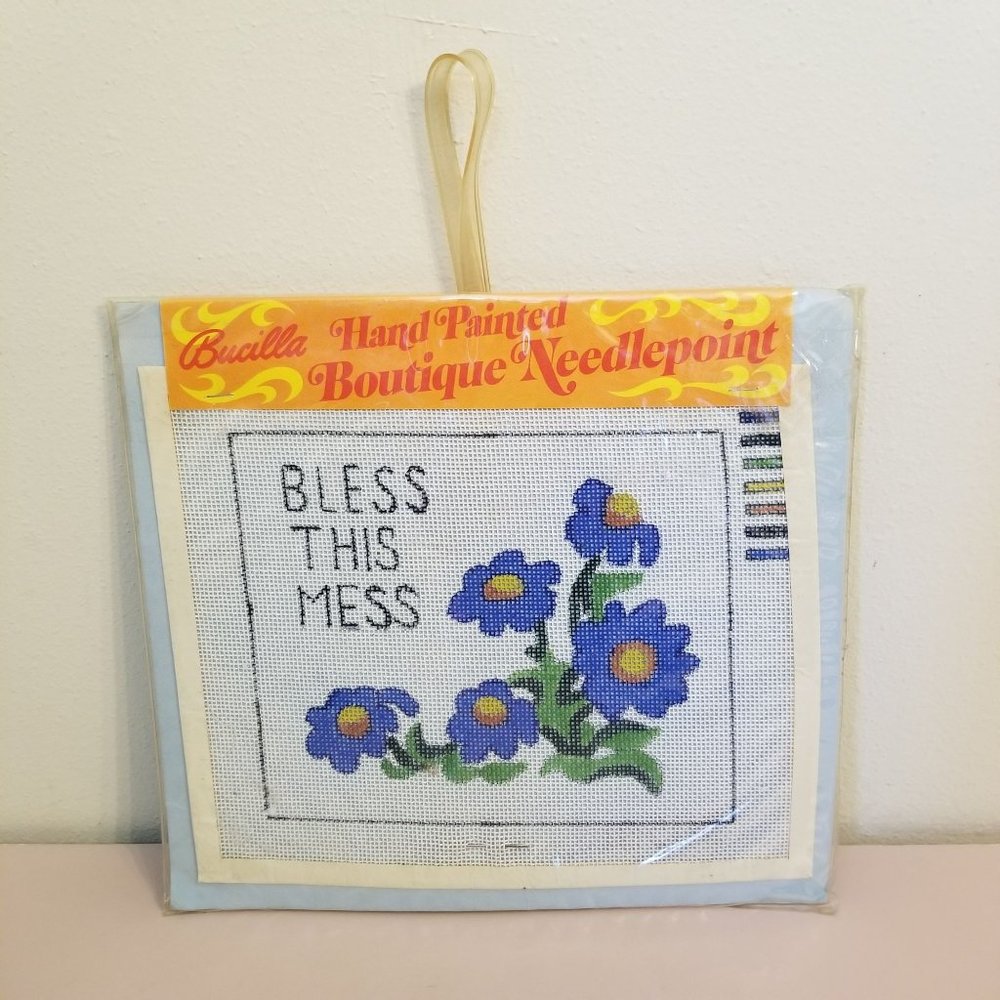 Bucilla Bless thes Mess Hand Painted Needlepoint Kit Blue Flowers USA Mod 70s De